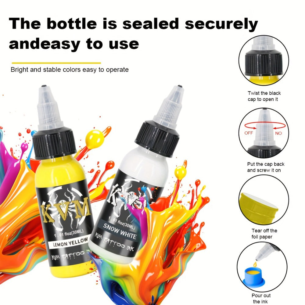 Tattoo Ink 7- or 14-Color Set with 1oz 30ml Bottles and Three Palette Configurations with Item-Specific Color, Capacity and Bottle Choices