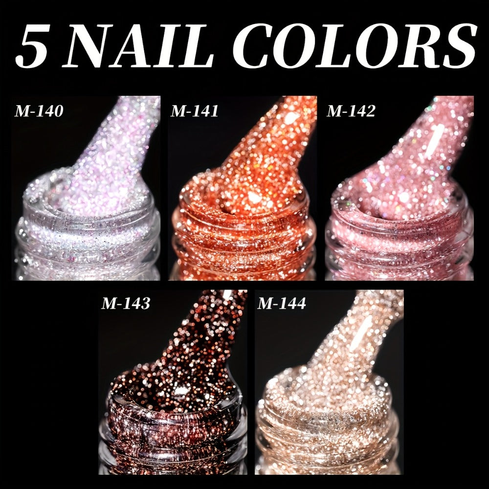 Gel Nail Polish 5-Color Pastel Diamond Glitter Set in Frame Bottles, Shades 140-144, with UV/LED Soak-Off Cure