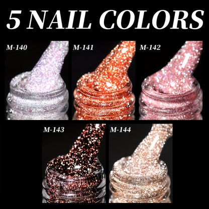 Gel Nail Polish 5-Color Pastel Diamond Glitter Set in Frame Bottles, Shades 140-144, with UV/LED Soak-Off Cure
