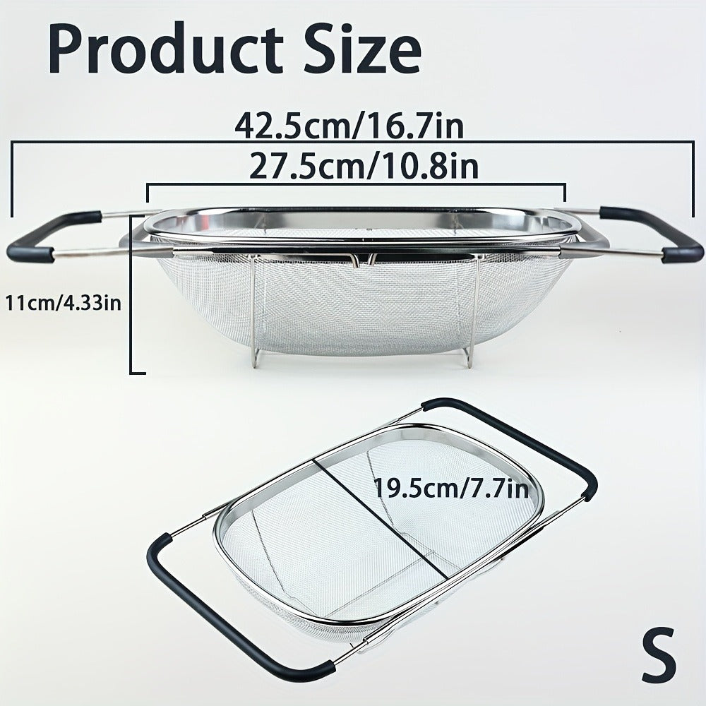 Expandable Sink Colander Stainless Steel, Over the Sink Strainer Basket with Fine Mesh & Rubber Grip