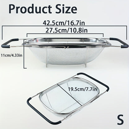 Expandable Sink Colander Stainless Steel, Over the Sink Strainer Basket with Fine Mesh & Rubber Grip