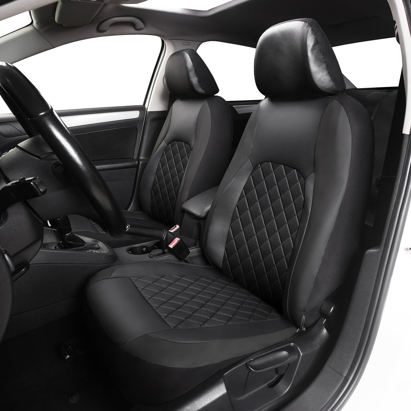 Five-Seat Quilted Car Seat Cover Set with Headrest Pieces in Black, Gray and Blue-Trim Color Options