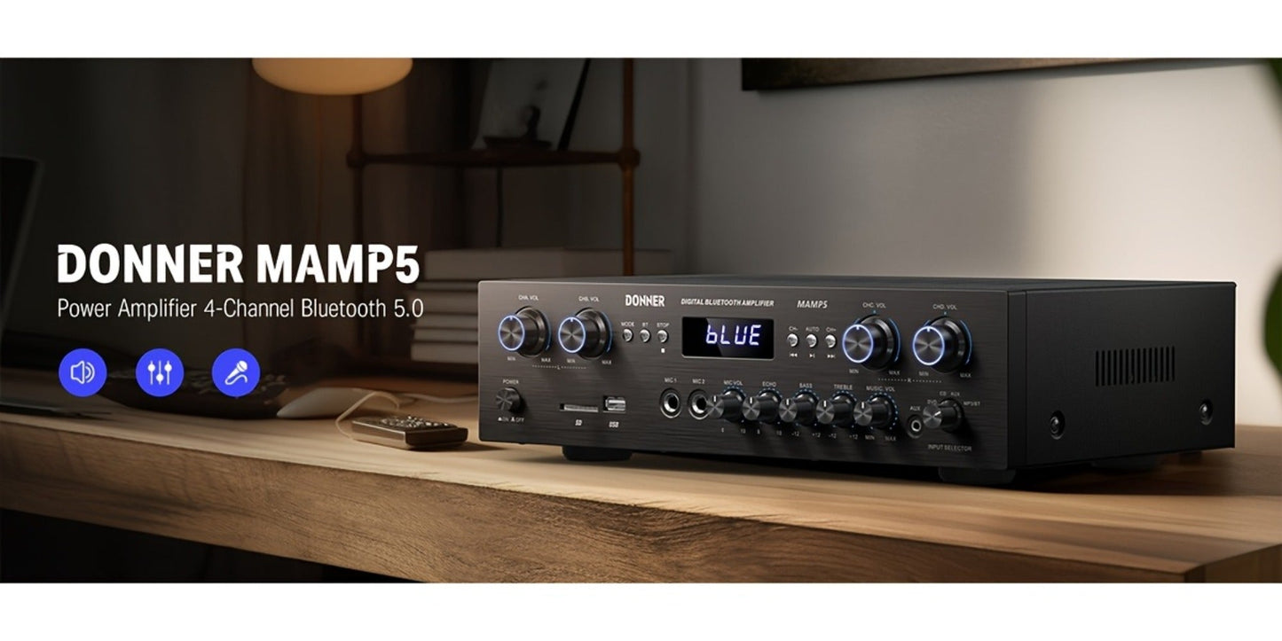 Donner 4-Channel Home Stereo Receiver Amplifier with USB SD FM Radio, Dual Mic Input Echo, RCA