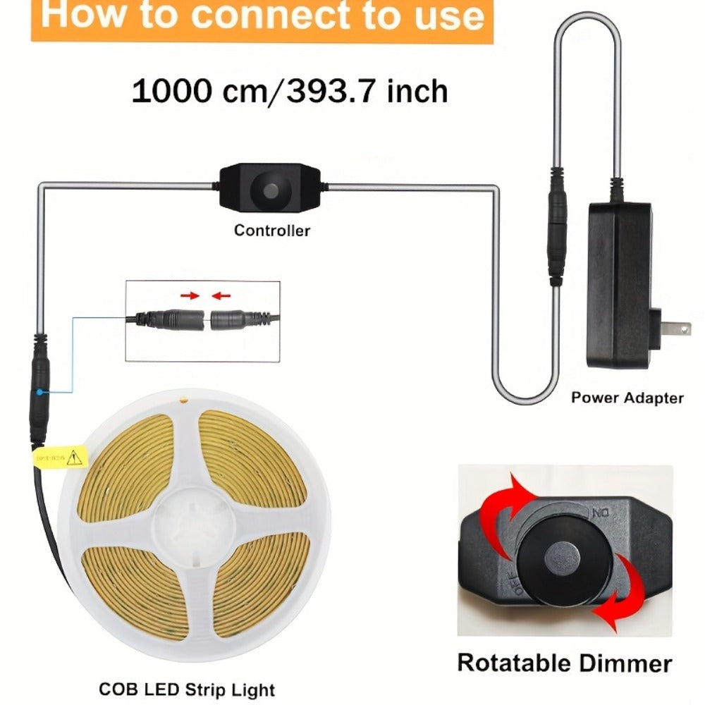COB LED Strip Light Dimmable 32.8ft 10m, 8mm Ultra-Thin 24V High Density Flexible COB LED Tape Light with Dimmer Switch