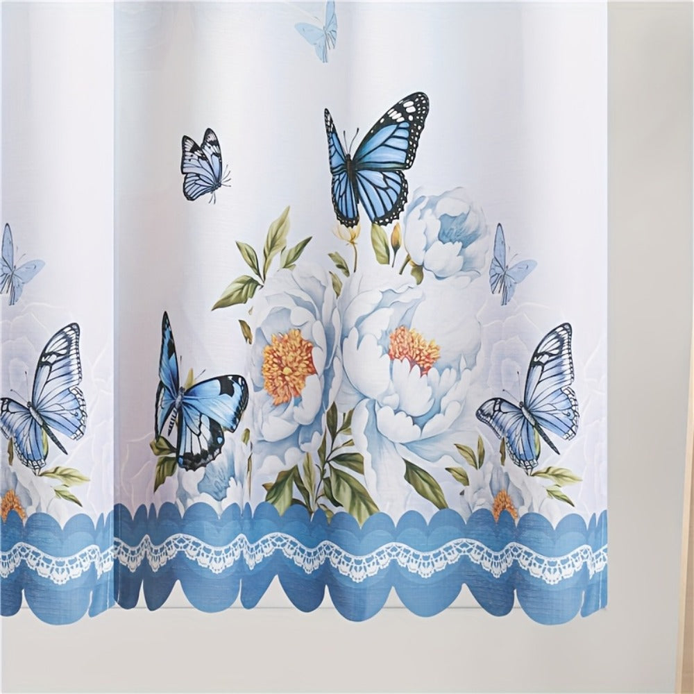 Three-Piece Butterfly Floral Window Curtain Set with Rod-Pocket Valance, Two Tiers and Four Colors