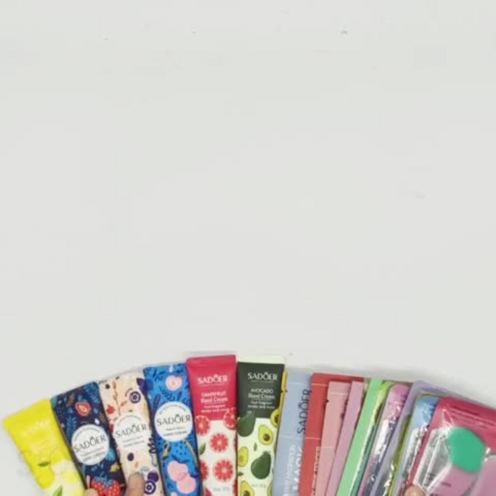30-Piece Fruit-Themed Skincare Gift Set with Colorful Tubes, Mask Packets, Small Containers and Pink Zip Pouch