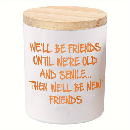 6oz Lavender-Labeled Candle in White Glass Jar with Wood Lid and Friendship Message Artwork