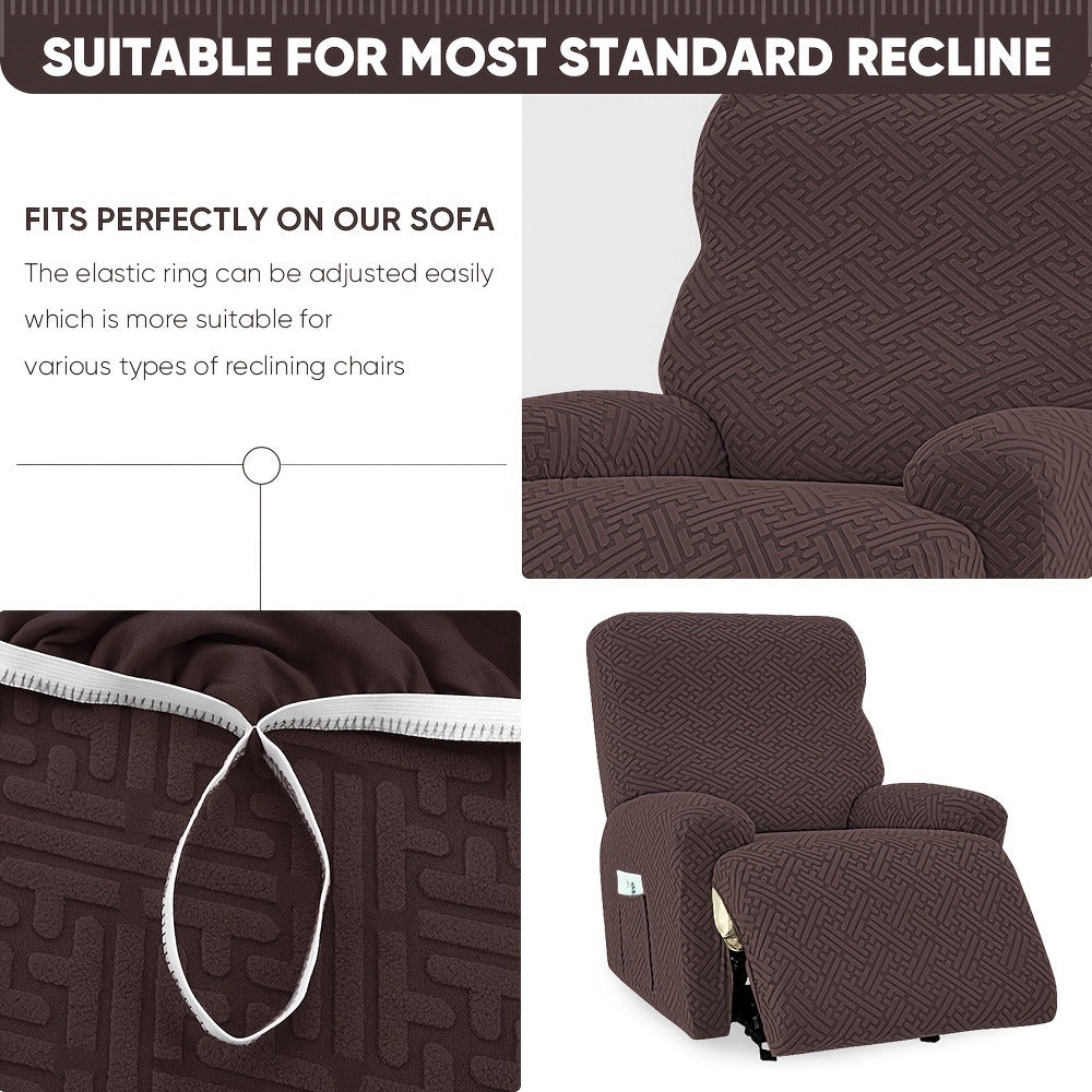 Four-Piece Maze Jacquard Recliner Chair Cover Set with Side Pocket and Nine Solid Color Options