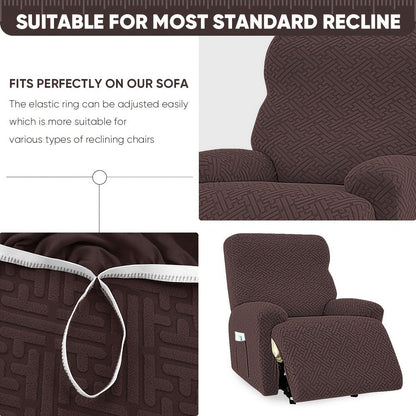 Four-Piece Maze Jacquard Recliner Chair Cover Set with Side Pocket and Nine Solid Color Options