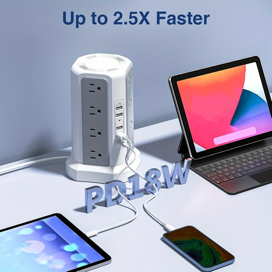 PD18W USB-C Power Strip Tower 21-in-1, 16 AC Outlets & 5 USB Ports, 1500J Surge Protector, Angled Flat Plug