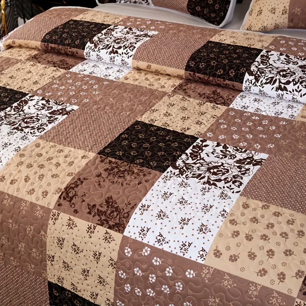 Patchwork Quilted Bedspread Set 3 Piece - 1 Quilt & 2 Pillow Shams All-Season Breathable 100% Polyester Bedding Set for Bedroom Dorm