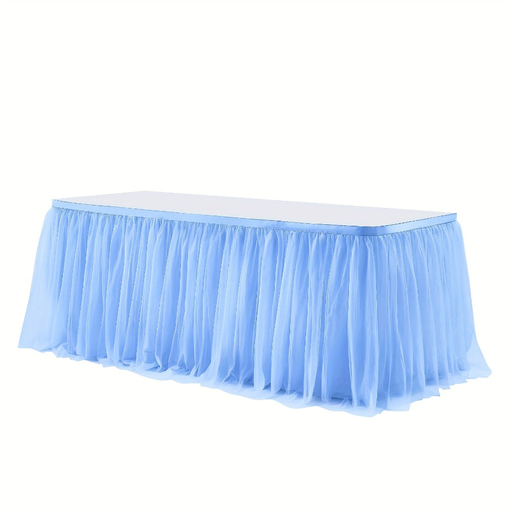 Six-Foot Gathered Tulle Table Skirt with Ten Solid or Multicolor Options for Parties and Events