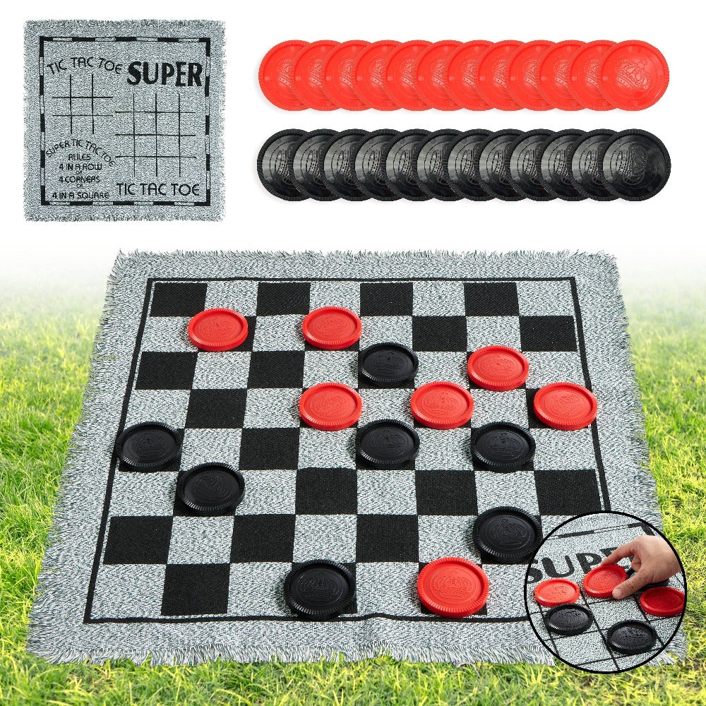 Giant Checkers Game 3-in-1 Set with Tic Tac Toe Reversible Mat 24 Oversized Pieces – Indoor Outdoor Family Board Game for Kids Adults
