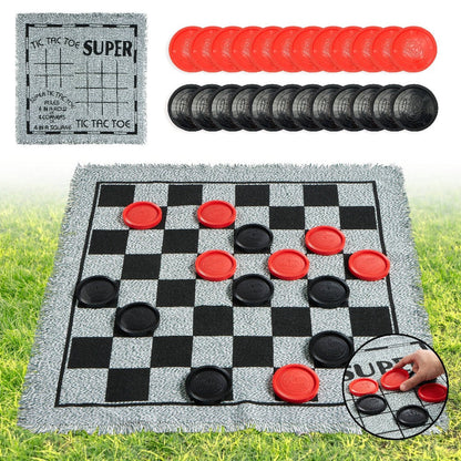 Giant Checkers Game 3-in-1 Set with Tic Tac Toe Reversible Mat 24 Oversized Pieces – Indoor Outdoor Family Board Game for Kids Adults