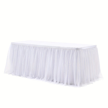 Six-Foot Gathered Tulle Table Skirt with Ten Solid or Multicolor Options for Parties and Events