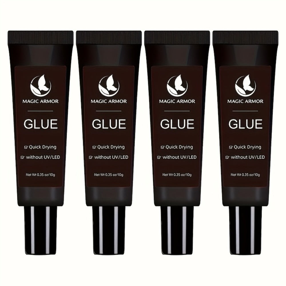 Nail Glue Set, MAGIC ARMOR Four 0.35oz Black Squeeze Tubes with Precision Nozzles for Press-On Nails