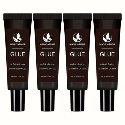 Nail Glue Set, MAGIC ARMOR Four 0.35oz Black Squeeze Tubes with Precision Nozzles for Press-On Nails