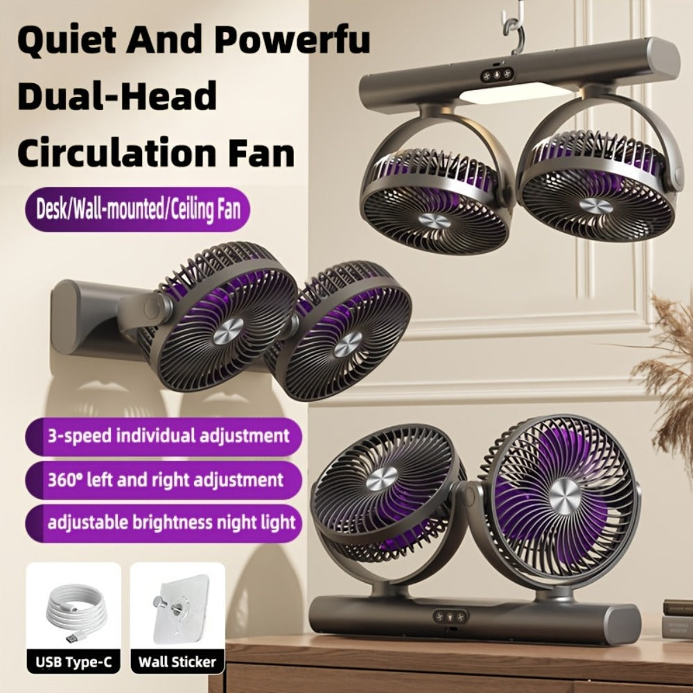 Double Head Air Circulation Fan USB Rechargeable, Desktop & Wall-Mounted 3-Speed Dual-Head Fan with Atmosphere Night Light