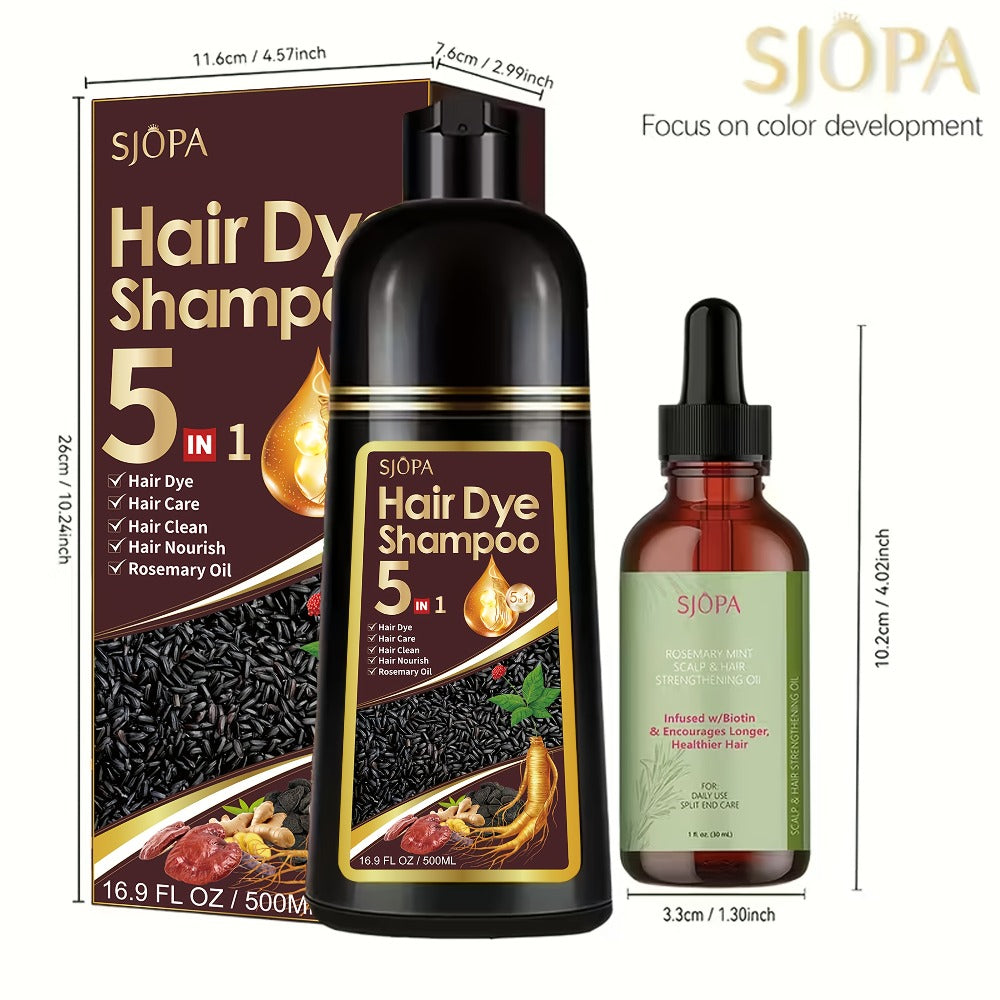 Rosemary Oil Hair Coloring Shampoo 5-in-1 Herbal Formula 500ml - 100% Gray Coverage for Bath Time, Home Spa and Personal Care
