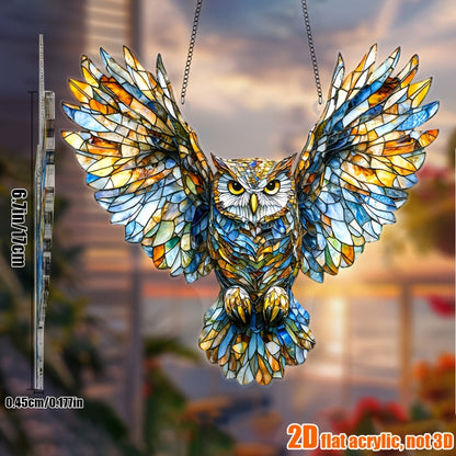 Owl Hanging Ornament Colorful Acrylic 6.7"x8", 2D Flat Animal Wall Art Decoration for Christmas Tree, Home, Office & Outdoor