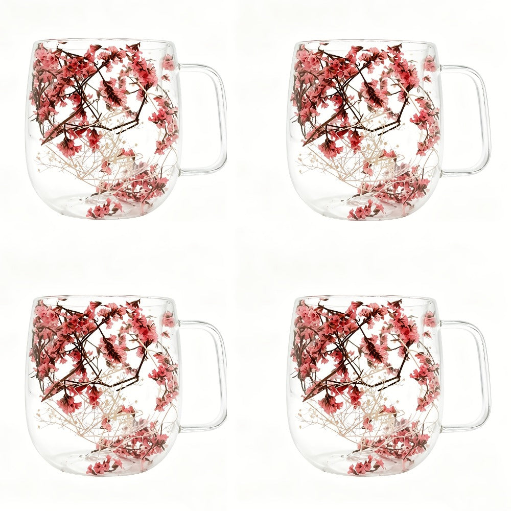 Double Wall Glass Coffee Cups with Handle Set of 4 – Borosilicate Thermal Mugs for Latte Cappuccino Tea | Dried Flower & Petal Design