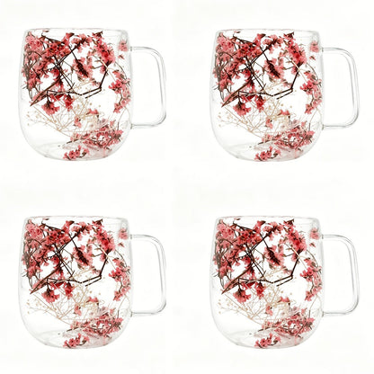 Double Wall Glass Coffee Cups with Handle Set of 4 – Borosilicate Thermal Mugs for Latte Cappuccino Tea | Dried Flower & Petal Design