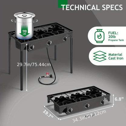 Outdoor Propane Burner Stove Cast Iron 1 or 3 Burner, 225000 BTU High-Pressure Cooker with Adjustable Heat