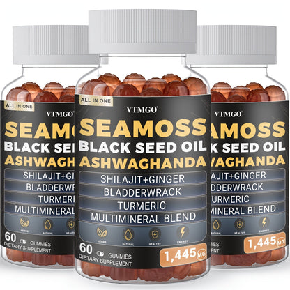 Sea Moss Gummies 1445mg with Shilajit Black Seed Oil Ashwagandha Elderberry Chlorophyll Turmeric Bladderwrack Ginger