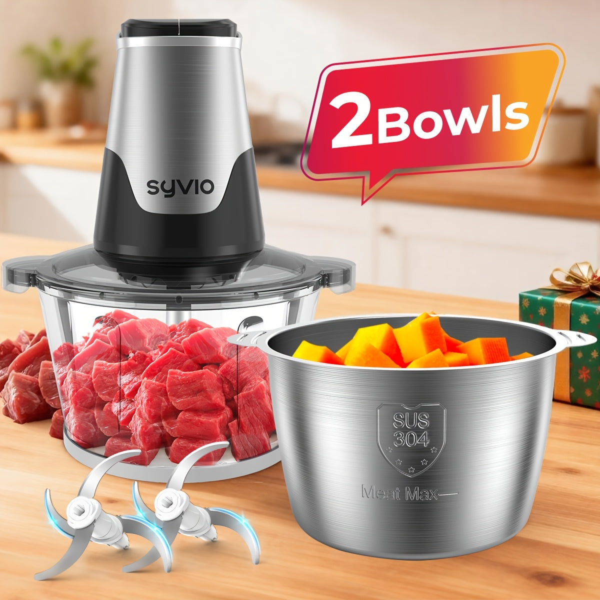 Mini Food Processor 450W, Electric Food Chopper with 2 Bowls & 4 Bi-Level Blades for Meat, Baby Food