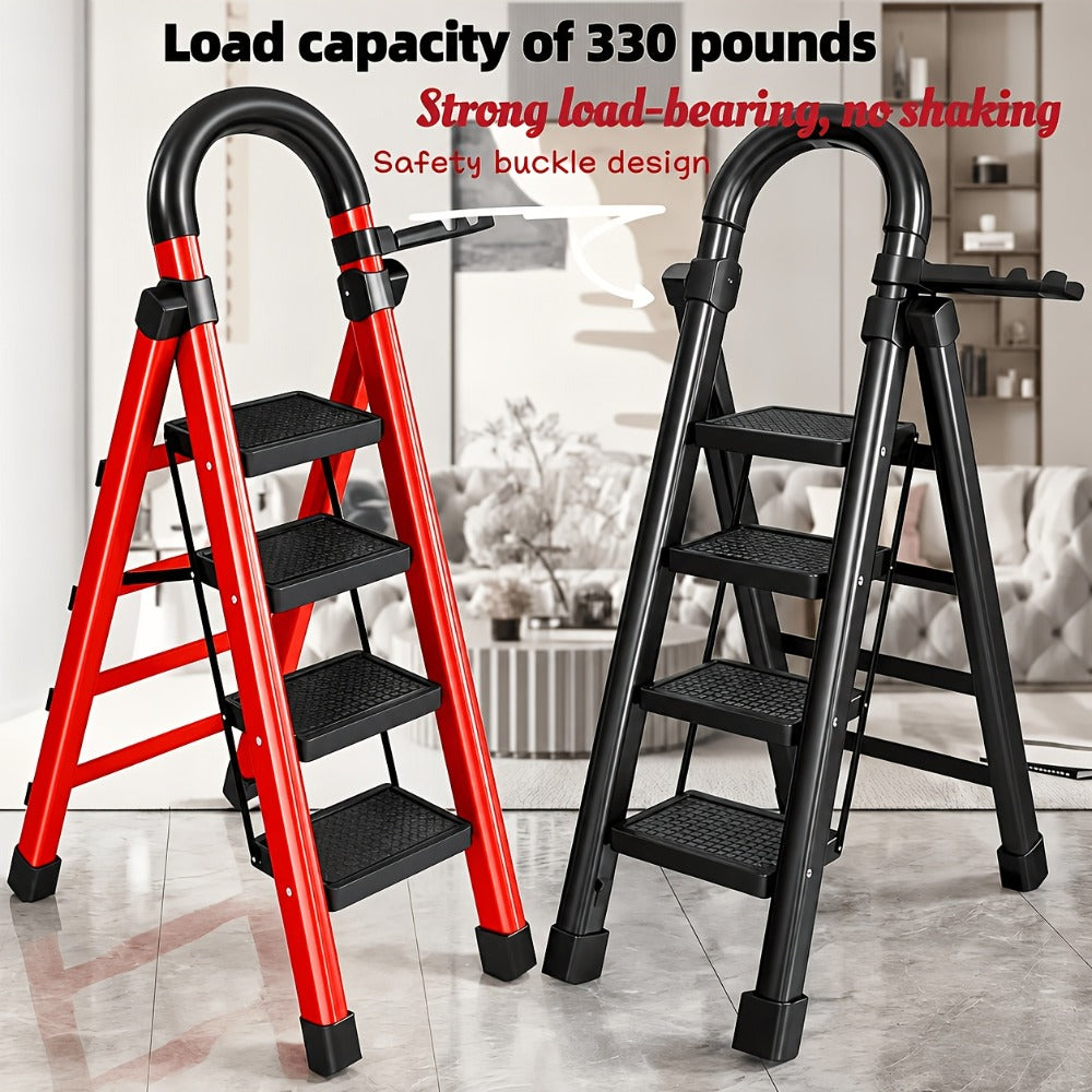 Folding Metal Step Ladder with Handrail, Ribbed Treads and Two-, Three-, Four- or Five-Step Options