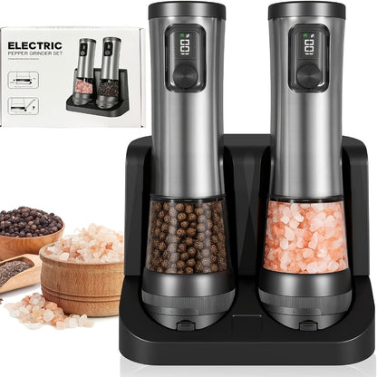 Electric Salt and Pepper Grinder Set Rechargeable USB Large with Base Adjustable Coarseness LED Display Kitchen Gift Silver Black