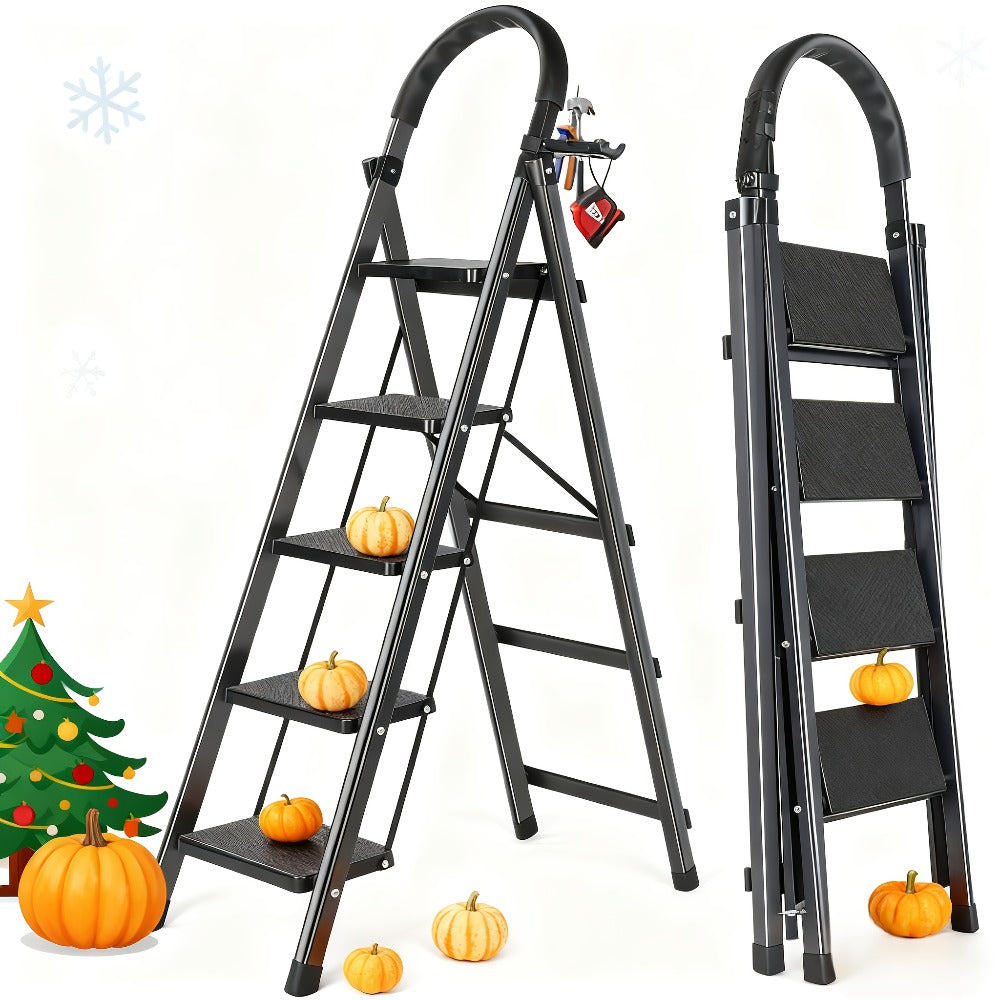 Folding Step Ladder 3 / 4 / 5 Step with Anti-Slip Pedal & Tool Tray, Portable Steel Step Stool for Adults