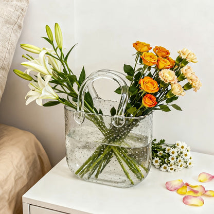 Glass Purse Vase for Flowers Glow in the Dark Vase Fish Bowl Bubble Clear Bag Vase with Handle 7.7x3.9x10.4In Unique Decorative Vases