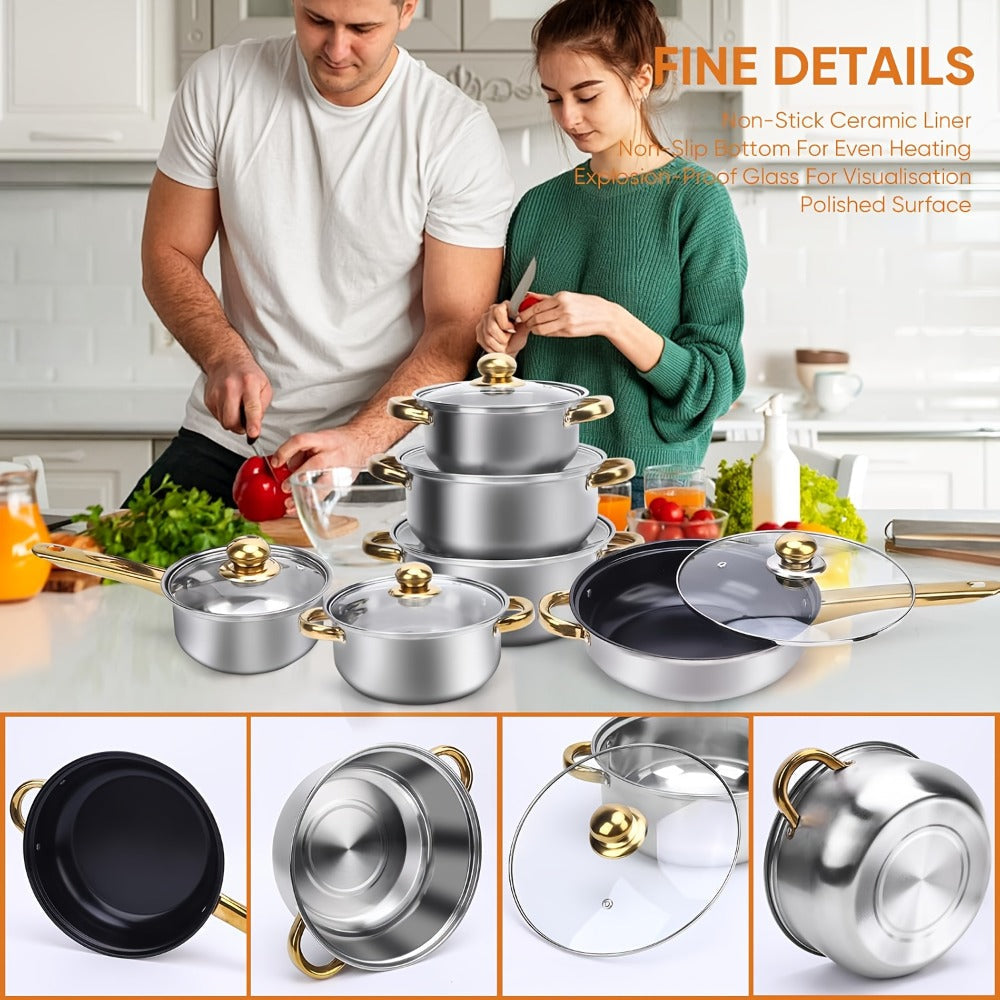 Stainless Steel Non-Stick Cookware Set 1 11 & 13 Piece, Dishwasher & Kitchen Cooking Set, Frying Boiling Stir-Fry Pots and Pans