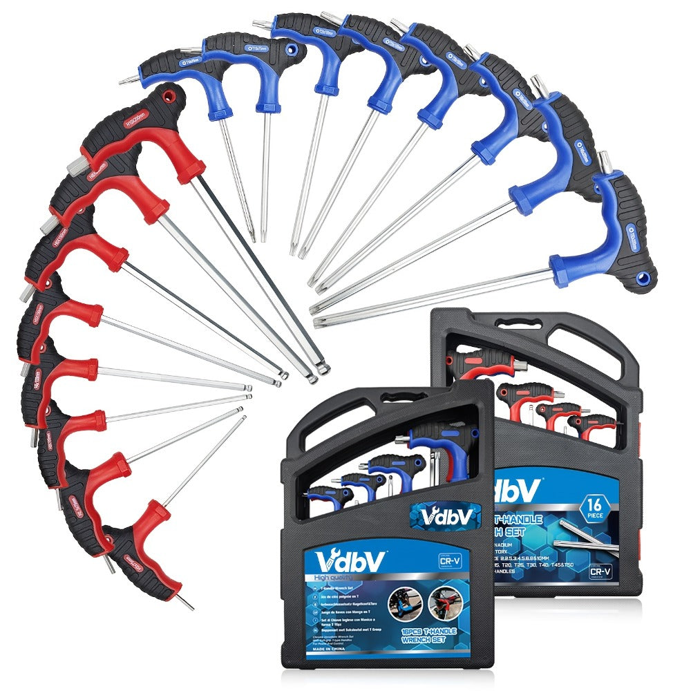Hex Wrench Set 16-Piece T-Handle | Long Ball End & Star Hex Allen Keys, Chrome Vanadium Steel, Color-Coded, 1.5-10mm T10-T50 1/16-3/8