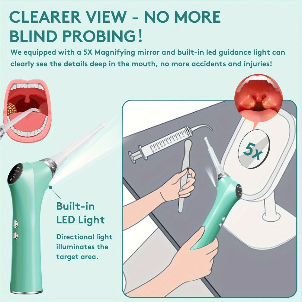 Tonsil Stone Remover Electric Vacuum Kit with LED Light – 3 Suction Modes 5X Magnifying Mirror Oral Irrigator Safe Gentle Tonsillolith