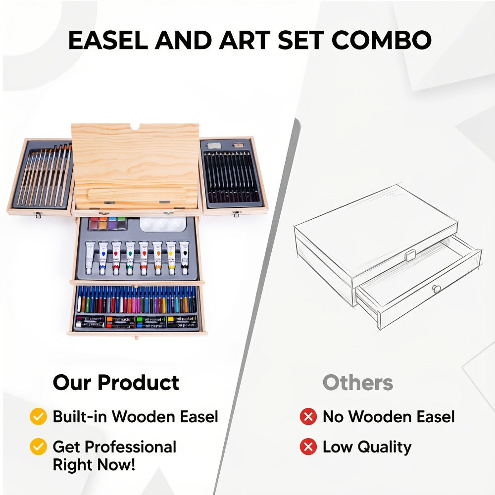85-Piece Mixed-Media Art Set with Wooden Tabletop Easel, Paints, Pencils, Brushes and Paper Pads