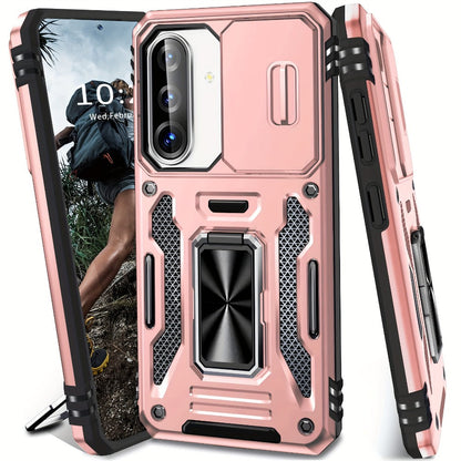 Samsung Galaxy Shockproof Magnetic Phone Case with 360° Rotating Ring Bracket & Sliding Lens Protector – Heavy Duty Cover for S24FE S23FE