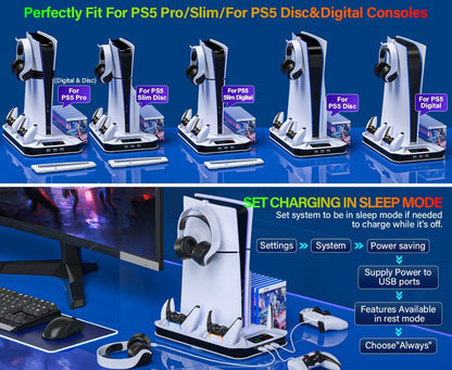 PS5 Pro Slim Cooling Station with Controller Charging Station for PS5/Slim/Pro Standard & Disc/Digital Console