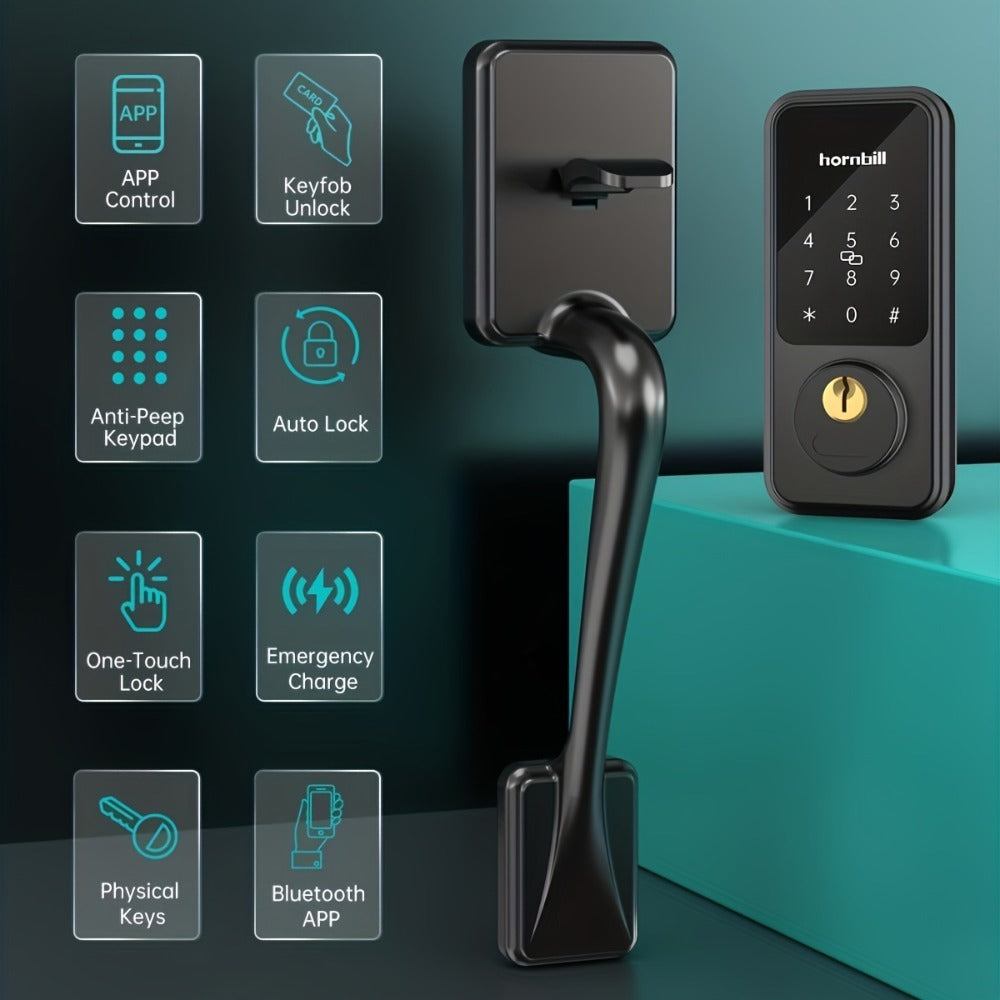 Smart Door Lock Hornbill Keypad Deadbolt and Handle Set with Bluetooth App Keyfob and Alexa Control