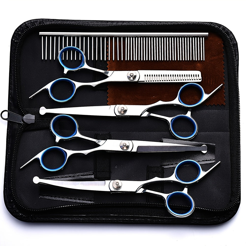 Dog Grooming Scissors Set 7-in-1 Professional Ceramic Coated Stainless Steel Safety Round Tip Straight Thinning Curved Scissors Comb Kit
