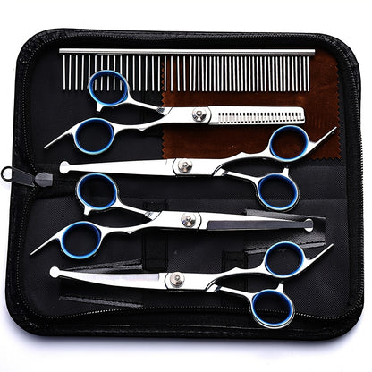 Dog Grooming Scissors Set 7-in-1 Professional Ceramic Coated Stainless Steel Safety Round Tip Straight Thinning Curved Scissors Comb Kit