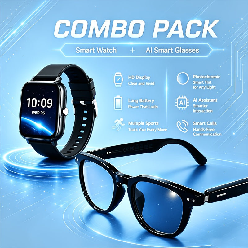 AI Smart Glasses & Smartwatch Bundle, Multilingual Real-Time Translation, Touch Control, Full Touch Screen Watch