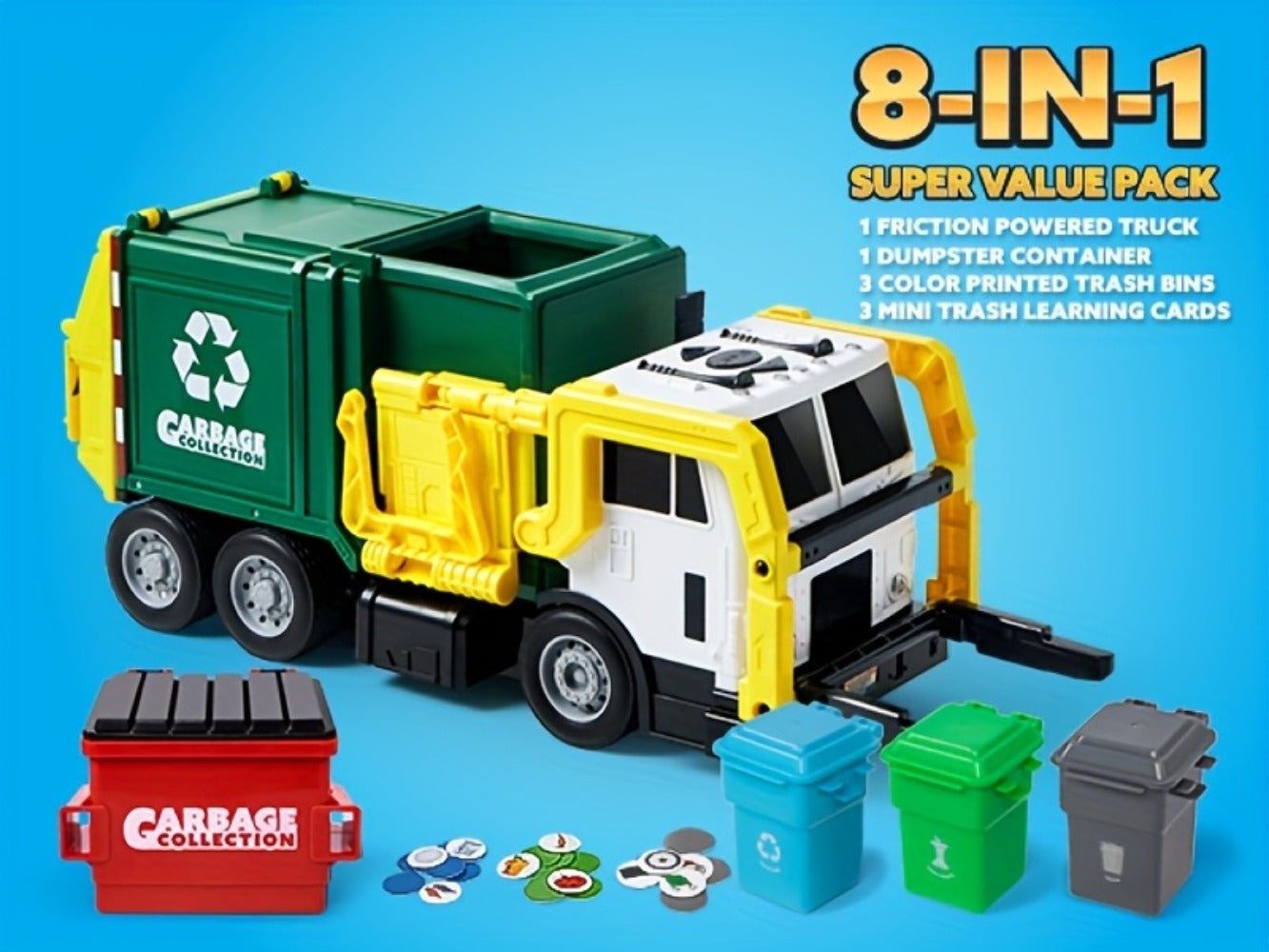 Garbage Truck Toy Set 16-Inch Large Friction-Powered with Lights & Sounds, Color-Coded Trash Bins