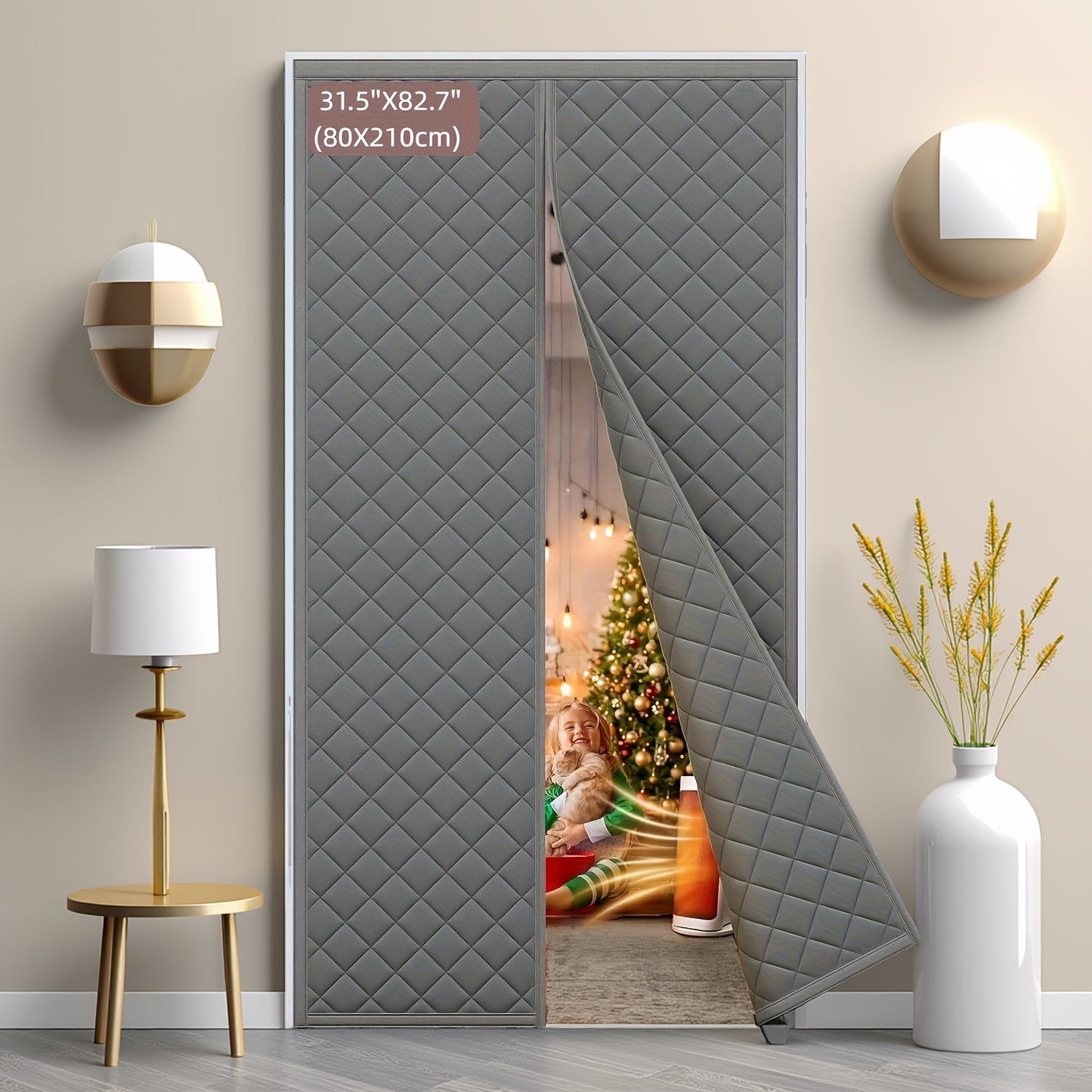 Thermal Insulated Door Curtain Magnetic Closure Knit Plaid Pattern – Windproof Insulation Blanket for Front Door, Sliding Glass