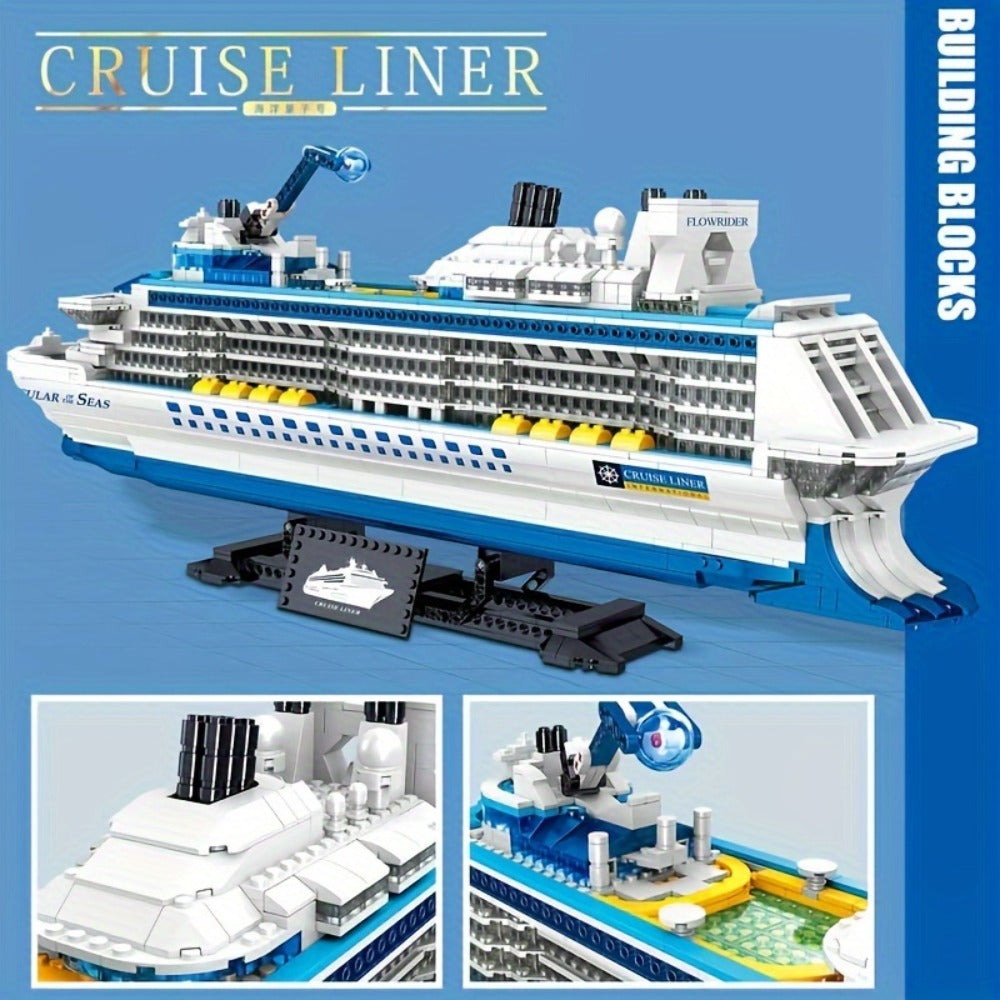 2428-Piece Cruise Ship Building Block Model with Black Display Stand, Lifeboats, Chimneys and Ocean-Liner Deck
