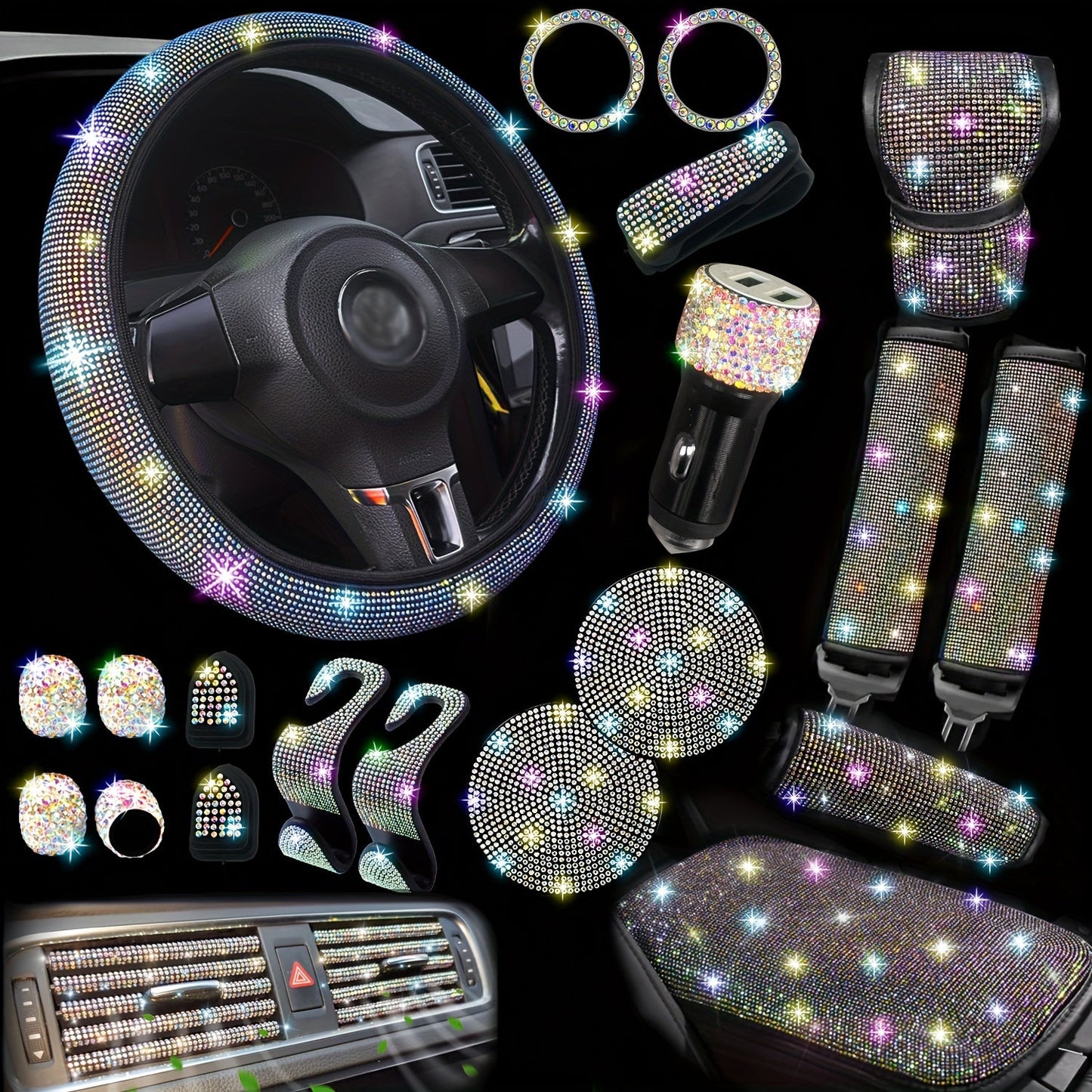30-Piece Bling Car Interior Accessories Set with 15-Inch Steering Wheel Cover, Seat Belt Pads and Trim