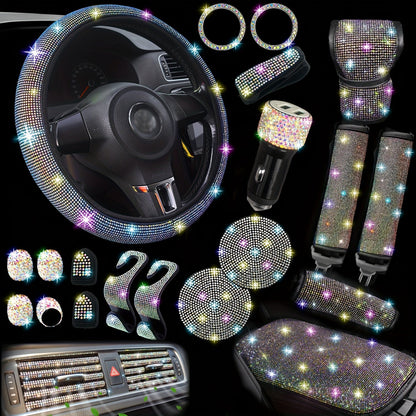 30-Piece Bling Car Interior Accessories Set with 15-Inch Steering Wheel Cover, Seat Belt Pads and Trim