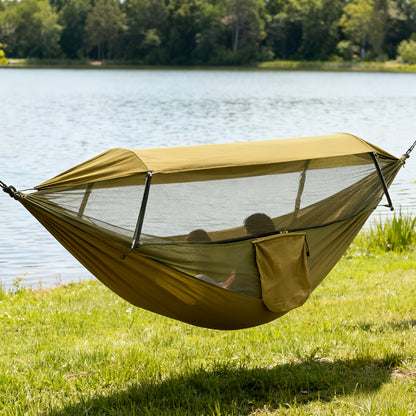 Camping Hammock with Mosquito Net and Sun-Shade Cover in Camouflage or Military Green, 265 lb Capacity