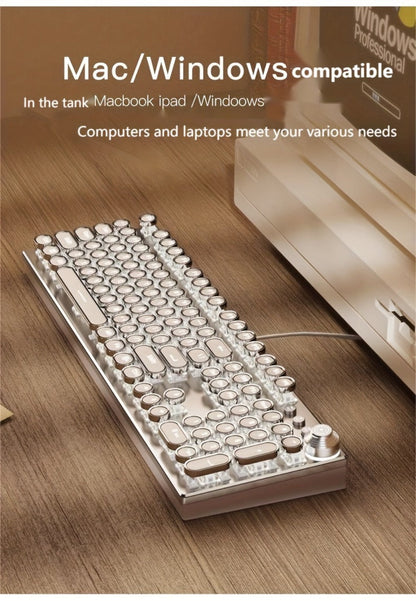 Steampunk Typewriter Mechanical Keyboard with Blue Switches – Retro Old-Fashioned USB Wired Gaming & Office Keyboard for Desktop Laptop PC